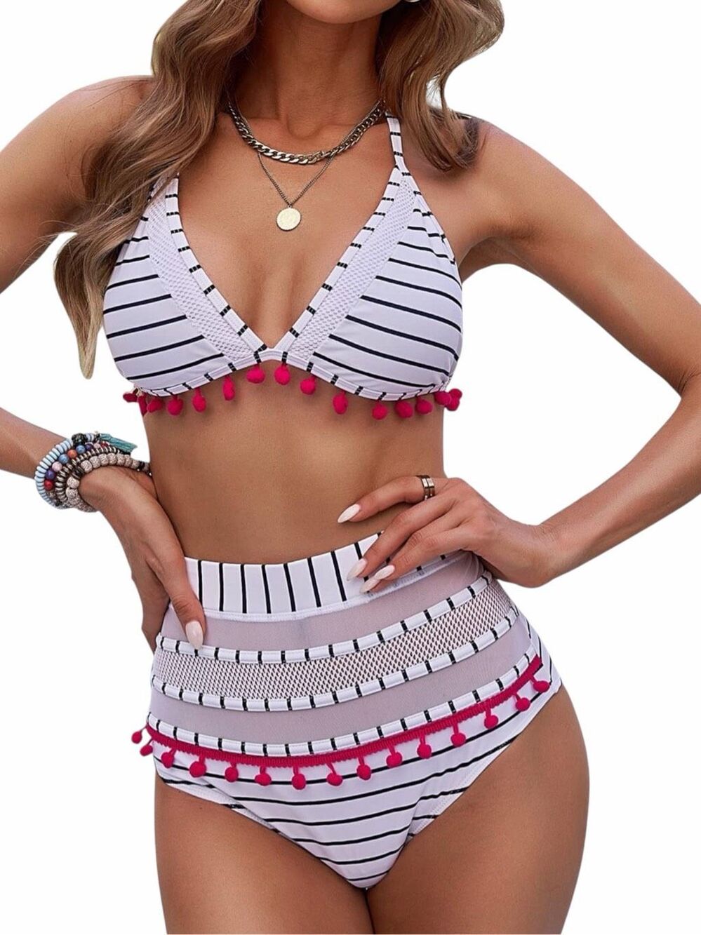 COCOSHIP White Black Striped High Waisted Bikini Set Pink Pom Pom Trim Medium